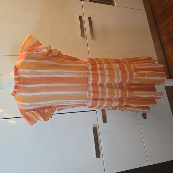 WILLA STORY Ruffled Cotton Peasant Boho Striped Dress Peachy Orange Size Large - Picture 4 of 12